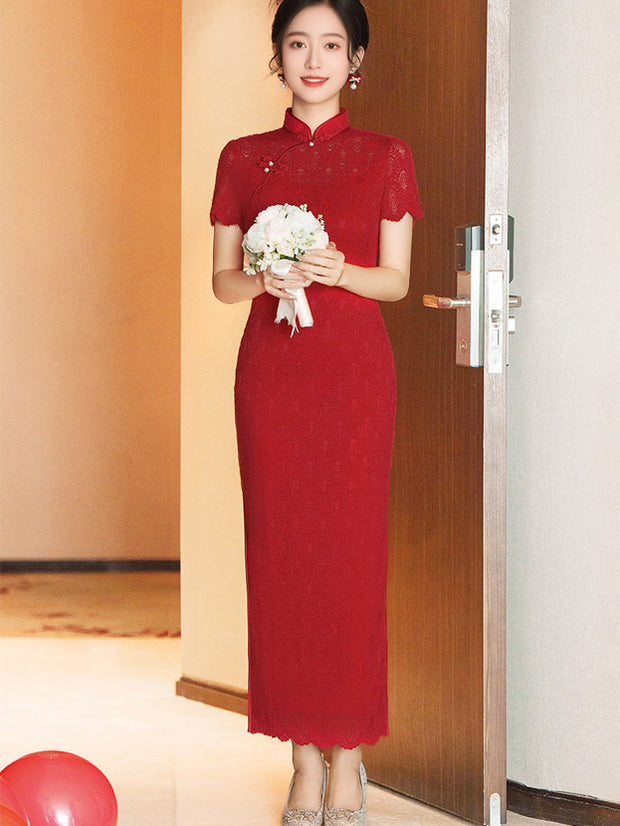 Red Lace Bridal Wedding Cheongsam Qipao Dress