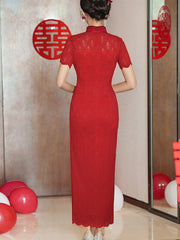 Red Lace Bridal Wedding Cheongsam Qipao Dress