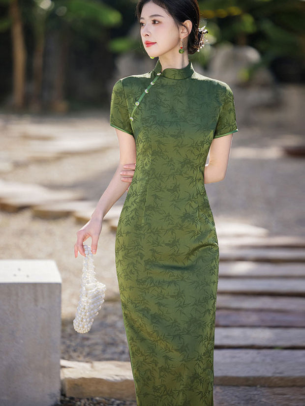 2025 Green Bamboo Print Cheongsam Qipao Dress