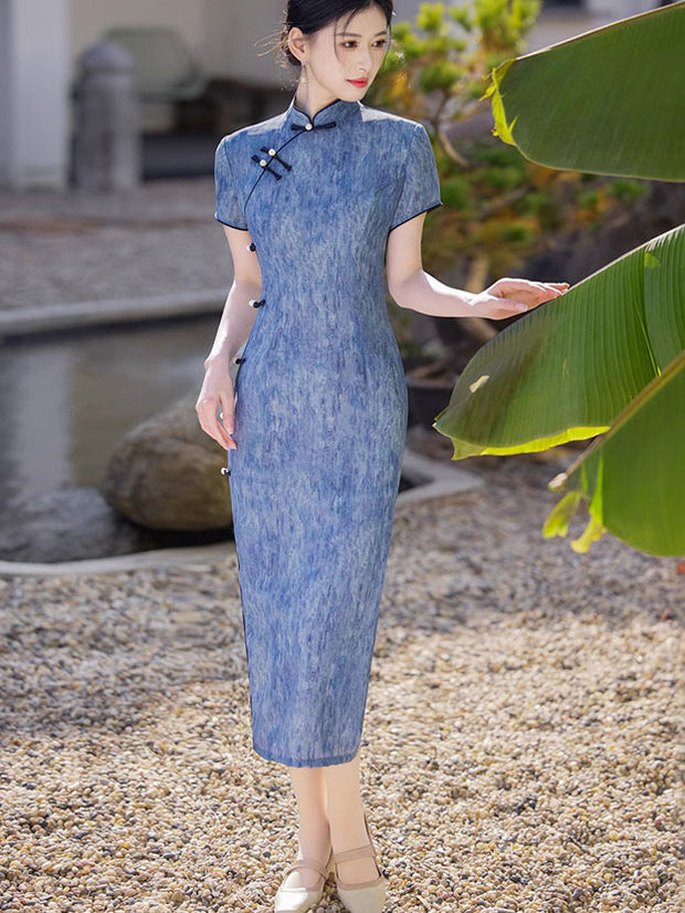 2025 Blue Printed Cheongsam Qipao Dress