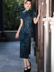 2025 Blue Floral Print Cheongsam Qipao Dress