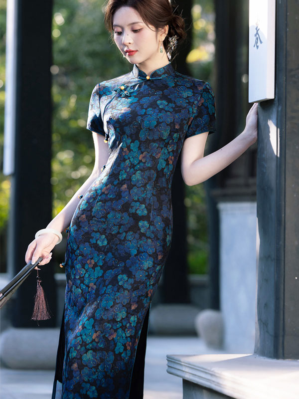 2025 Blue Floral Print Cheongsam Qipao Dress