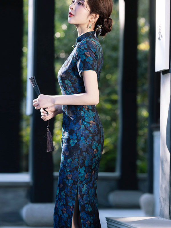 2025 Blue Floral Print Cheongsam Qipao Dress