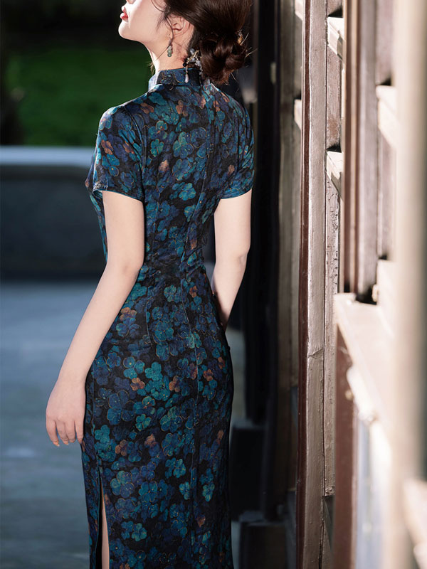 2025 Blue Floral Print Cheongsam Qipao Dress