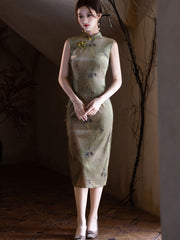 Green Khaki Floral Velvet Cheongsam Qipao Dress