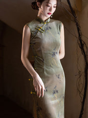 Green Khaki Floral Velvet Cheongsam Qipao Dress