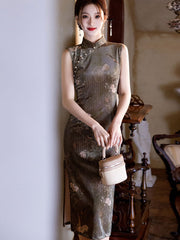 Green Khaki Floral Velvet Cheongsam Qipao Dress