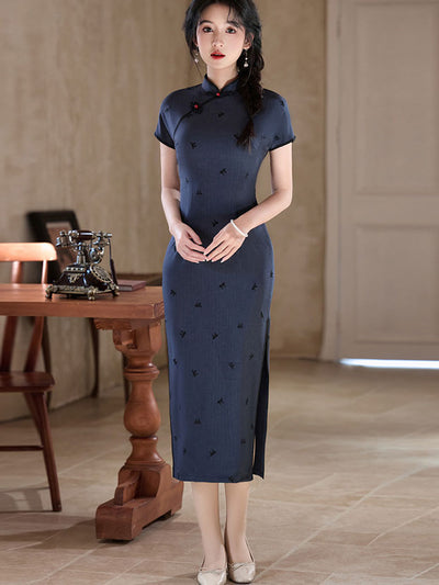 Blue Black Stripe Embroidered Midi Cheongsam Qipao Dress