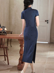 Blue Black Stripe Embroidered Midi Cheongsam Qipao Dress