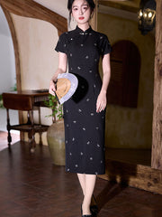 Blue Black Stripe Embroidered Midi Cheongsam Qipao Dress