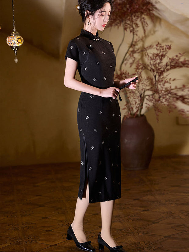 Blue Black Stripe Embroidered Midi Cheongsam Qipao Dress