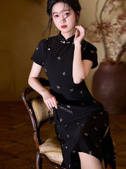 Blue Black Stripe Embroidered Midi Cheongsam Qipao Dress