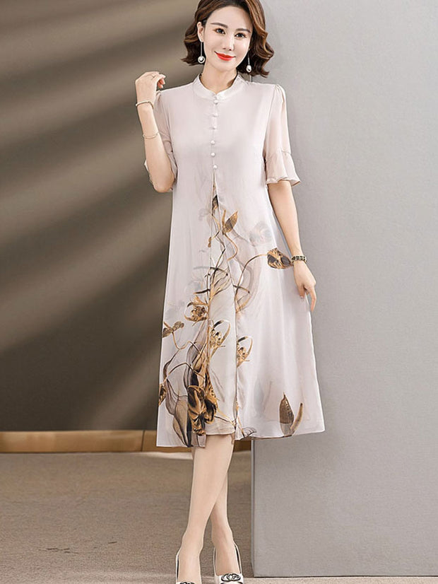 Beige Blue Mothers Floral A-Line Qipao Cheongsam Dress