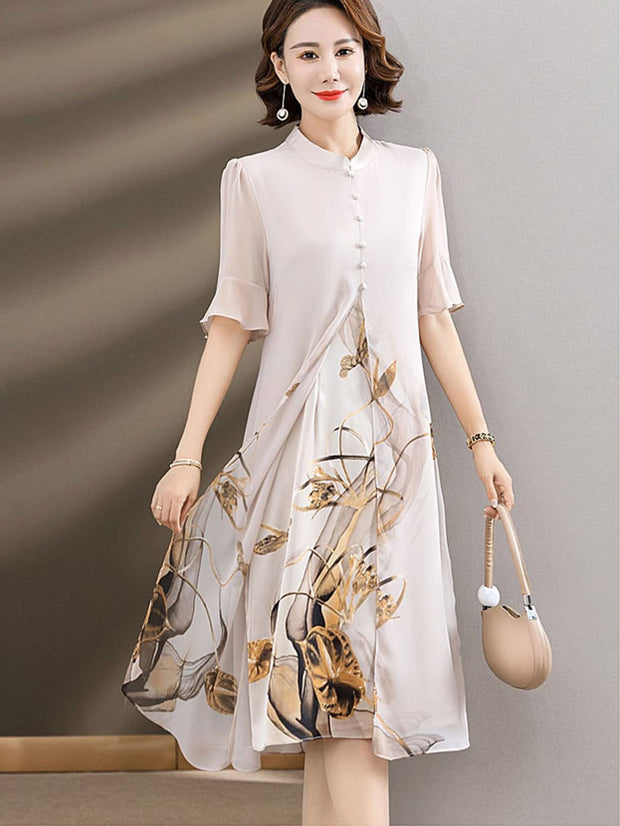 Beige Blue Mothers Floral A-Line Qipao Cheongsam Dress