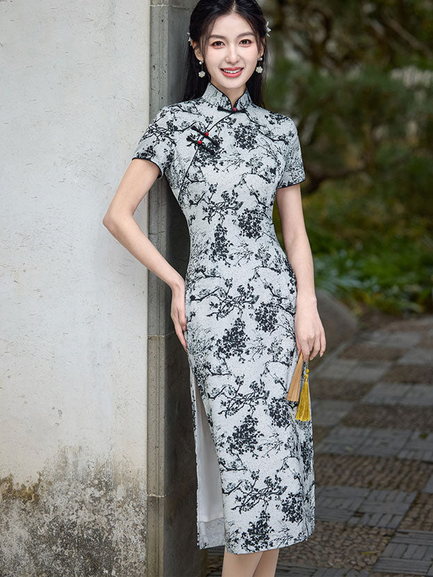 2025 Gray Floral Print Cheongsam Qipao Dress