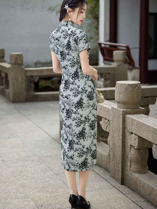 2025 Gray Floral Print Cheongsam Qipao Dress