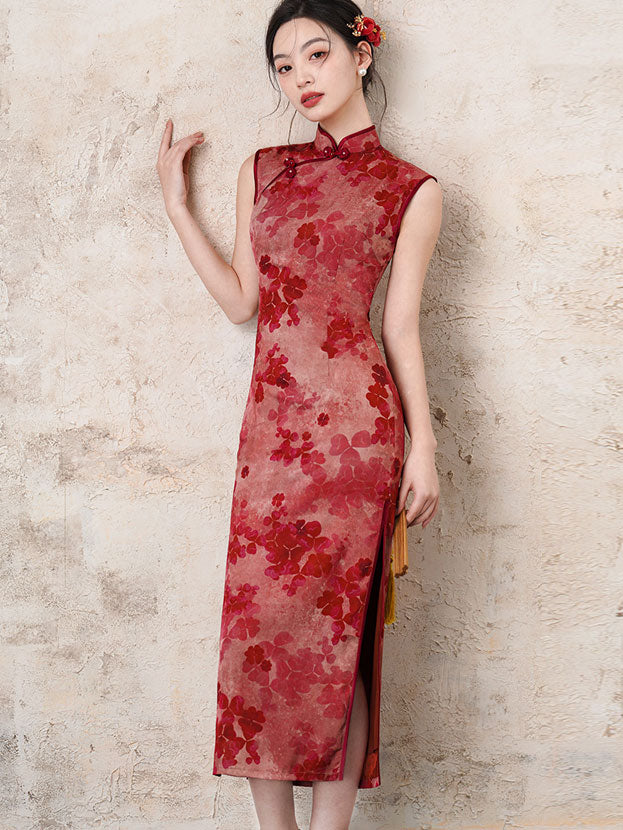 2025 Summer Red Floral Print Cheongsam Qipao Dress