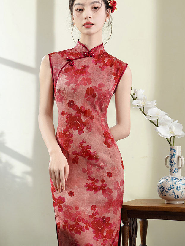 2025 Summer Red Floral Print Cheongsam Qipao Dress