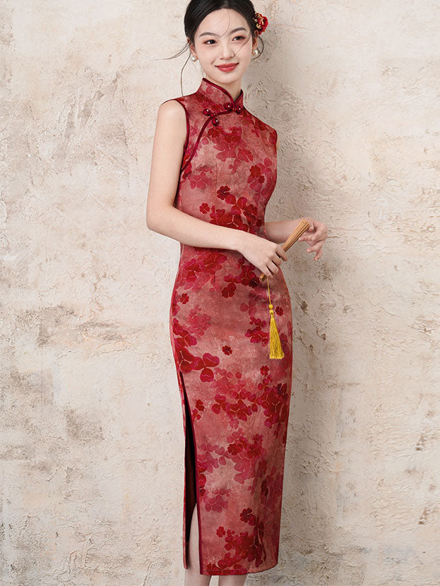 2025 Summer Red Floral Print Cheongsam Qipao Dress