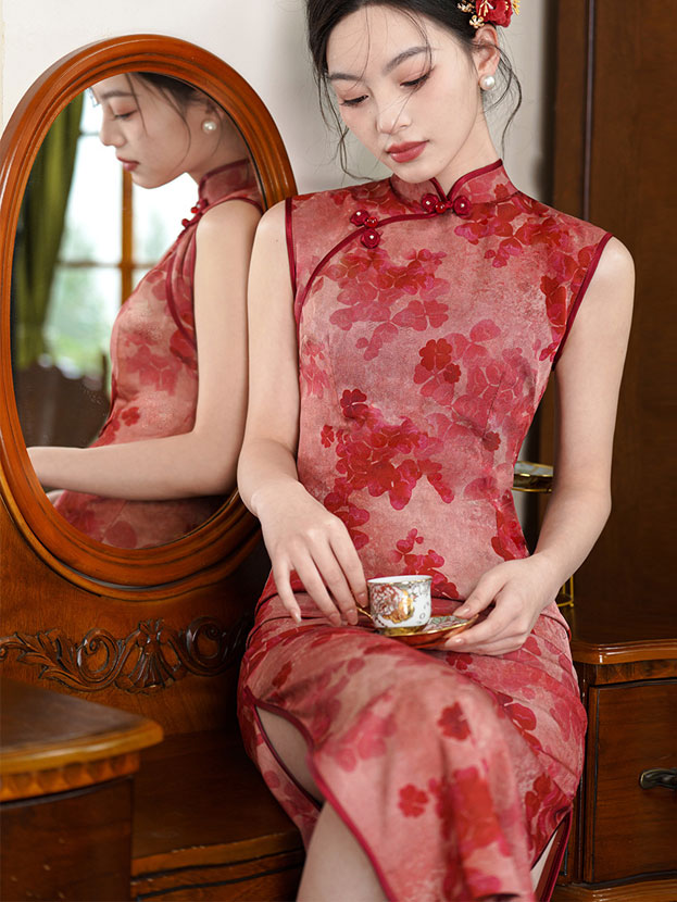 2025 Summer Red Floral Print Cheongsam Qipao Dress
