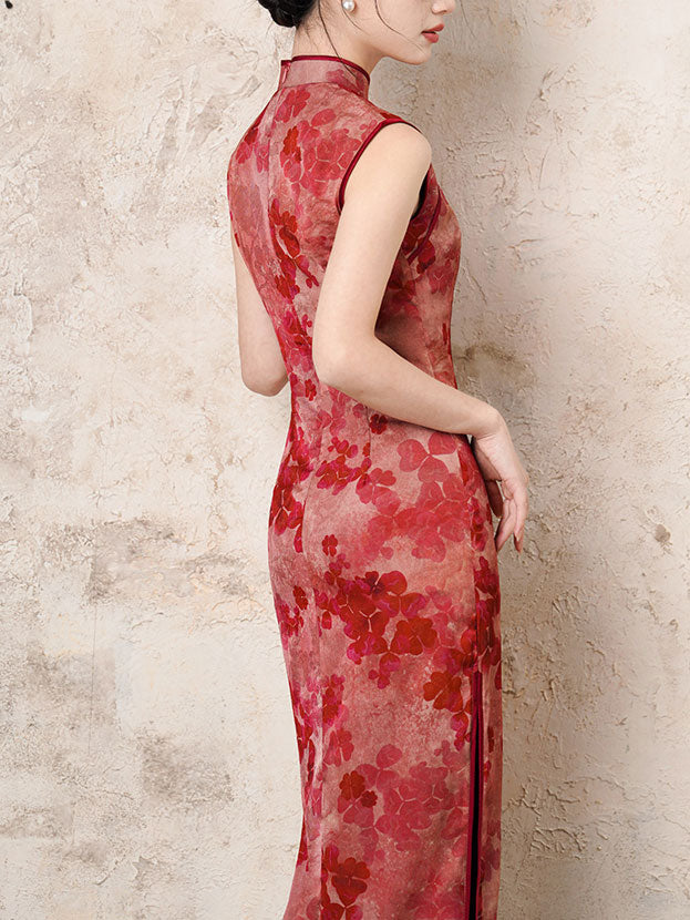 2025 Summer Red Floral Print Cheongsam Qipao Dress