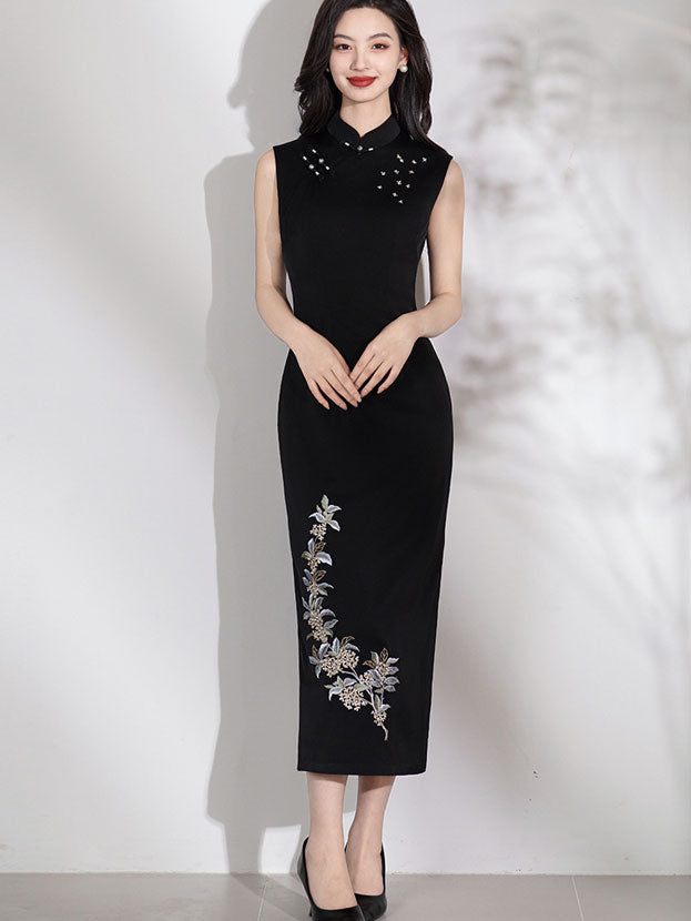 Black Embroidered Floral Cheongsam Qipao Dress