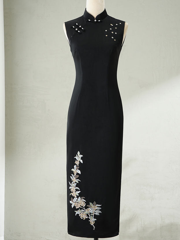 Black Embroidered Floral Cheongsam Qipao Dress
