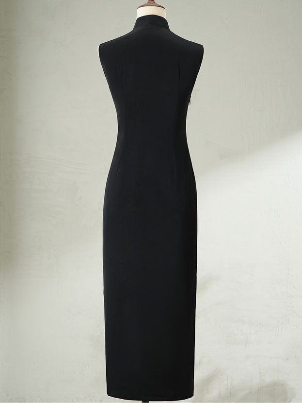 Black Embroidered Floral Cheongsam Qipao Dress