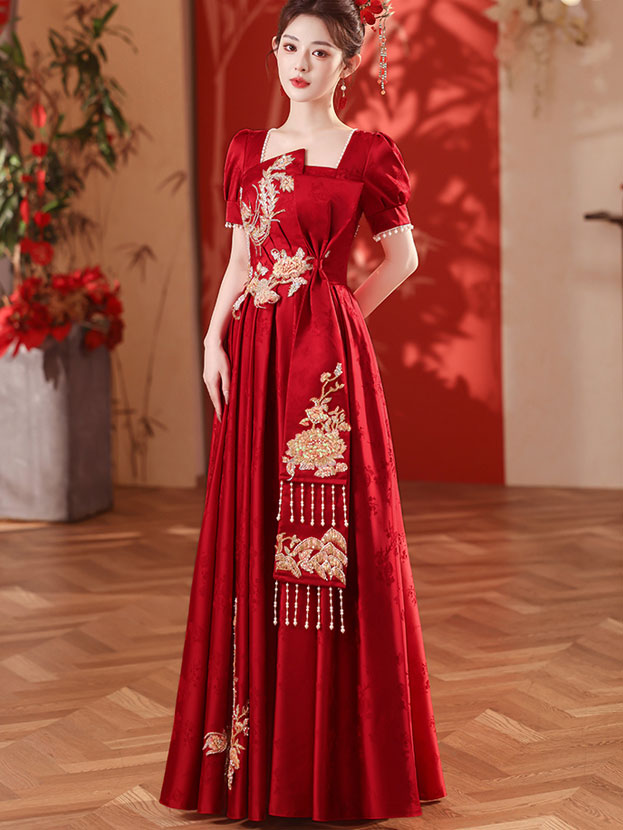 Burgundy Sequins Phoenix A-Line Maxi Wedding Dress