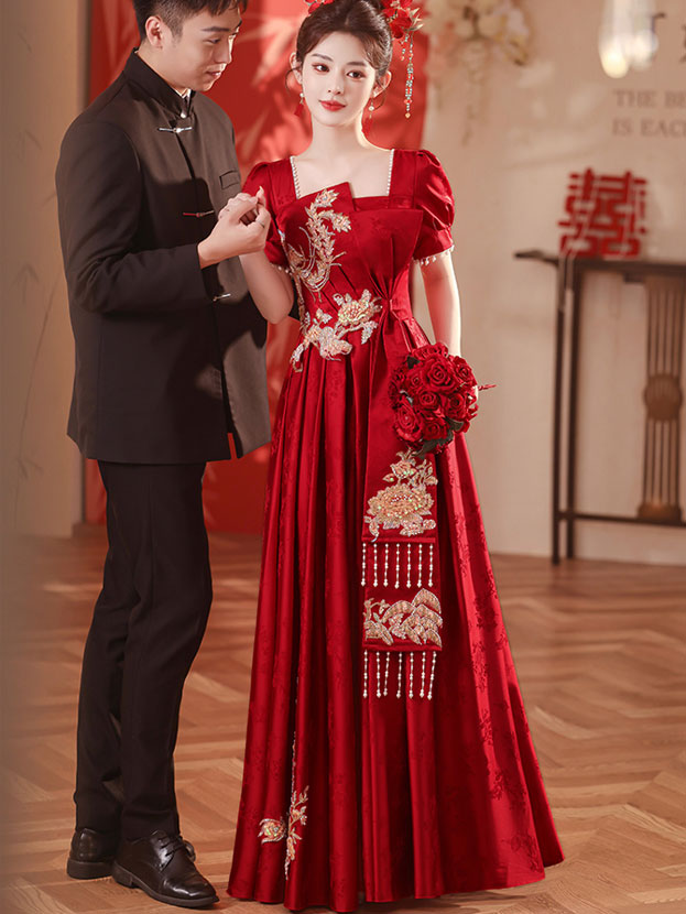 Burgundy Sequins Phoenix A-Line Maxi Wedding Dress