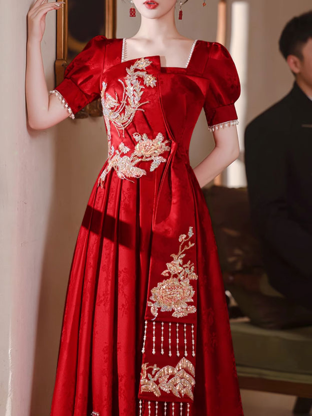 Burgundy Sequins Phoenix A-Line Maxi Wedding Dress