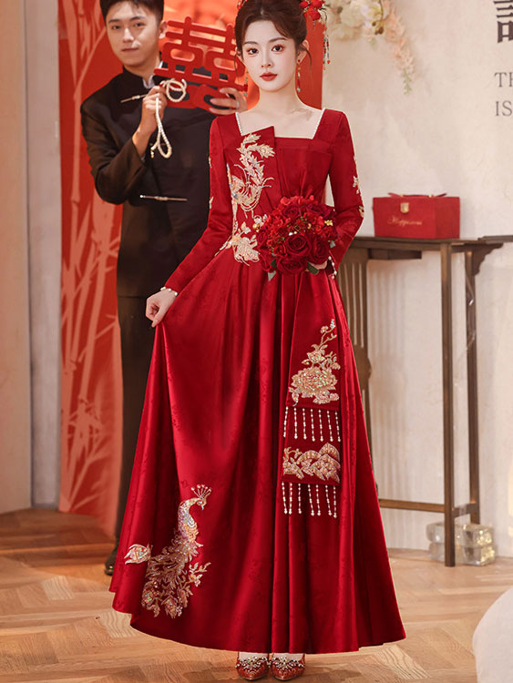 Burgundy Sequins Phoenix A-Line Maxi Wedding Dress