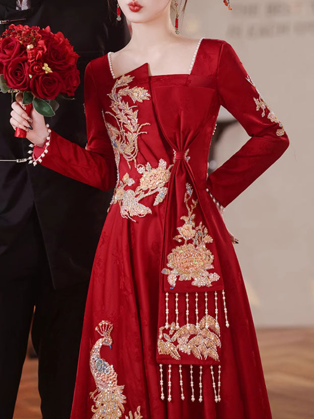 Burgundy Sequins Phoenix A-Line Midi Wedding Dress