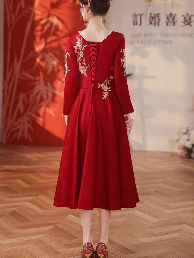 Burgundy Sequins Phoenix A-Line Midi Wedding Dress