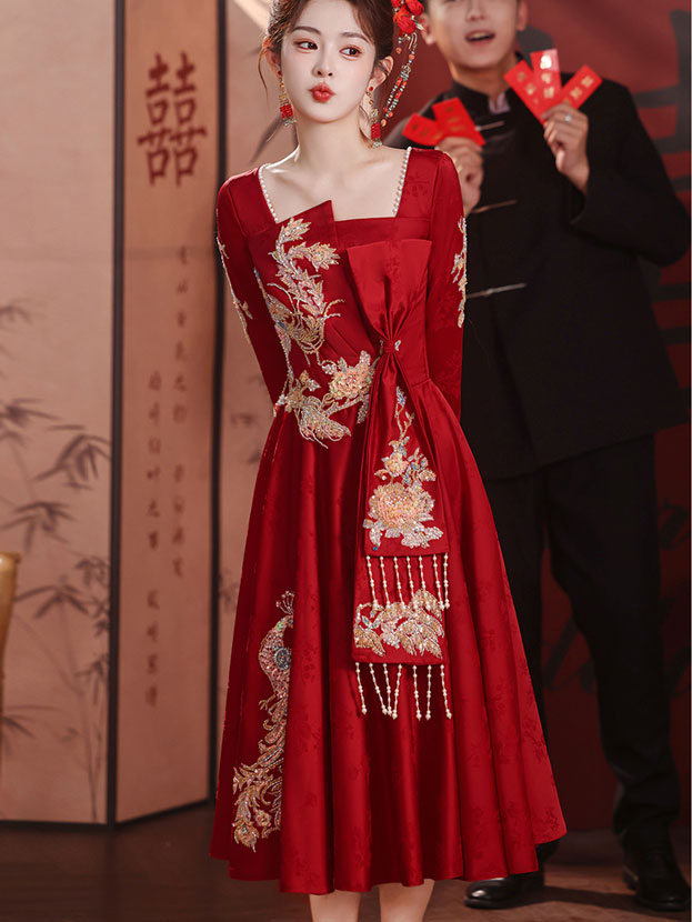 Burgundy Sequins Phoenix A-Line Midi Wedding Dress