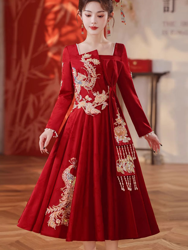 Burgundy Sequins Phoenix A-Line Midi Wedding Dress