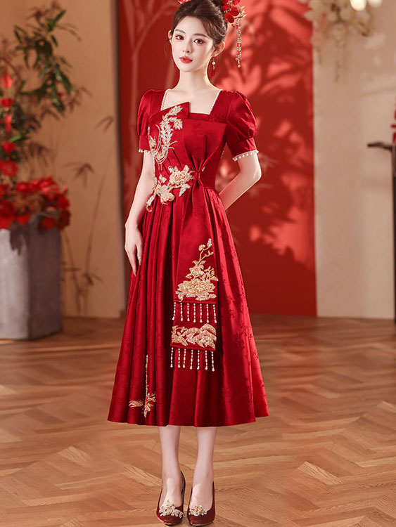 Burgundy Sequins Phoenix A-Line Midi Wedding Dress
