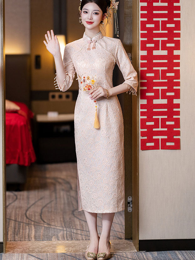 Pink Floral Lace Midi Cheongsam Qipao Dress