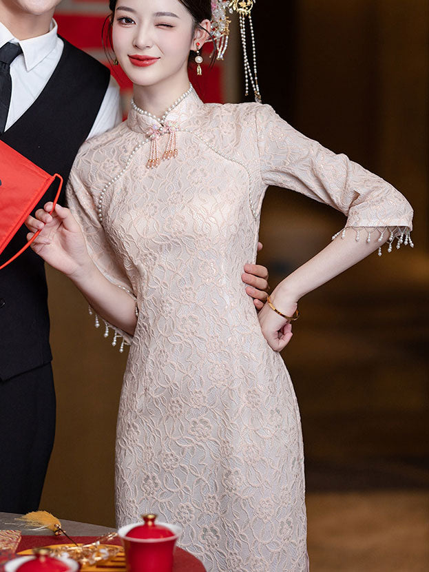 Pink Floral Lace Midi Cheongsam Qipao Dress
