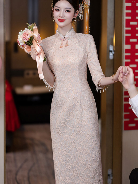 Pink Floral Lace Midi Cheongsam Qipao Dress