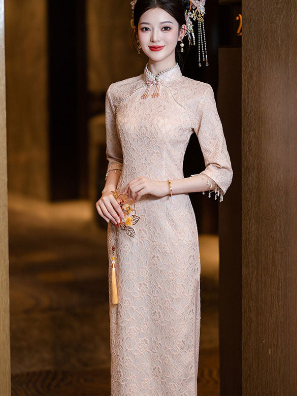 Pink Floral Lace Midi Cheongsam Qipao Dress