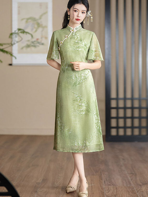 Green Floral A-Line Flutter Sleeve Cheongsam Qipao Dress