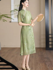 Green Floral A-Line Flutter Sleeve Cheongsam Qipao Dress