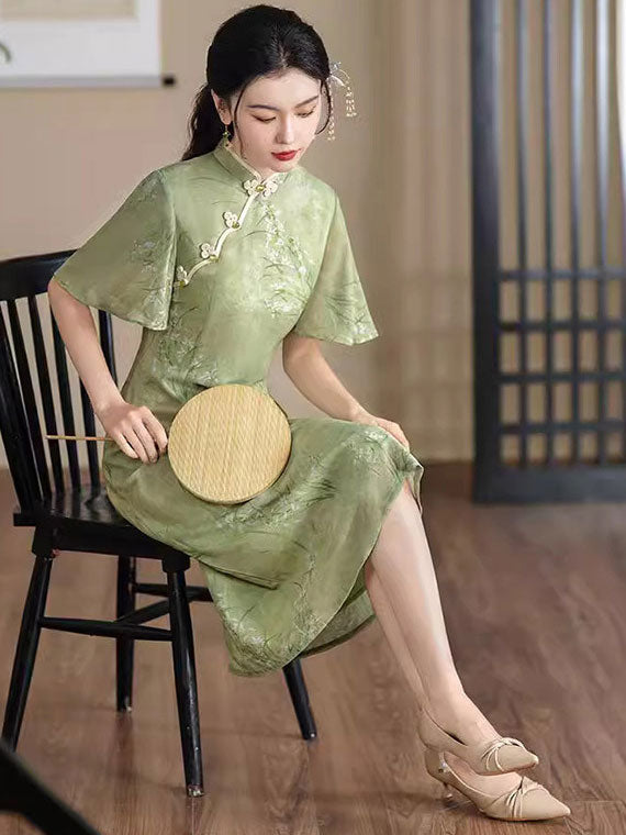 Green Floral A-Line Flutter Sleeve Cheongsam Qipao Dress