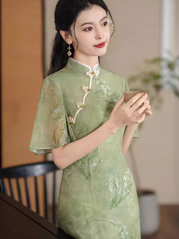 Green Floral A-Line Flutter Sleeve Cheongsam Qipao Dress