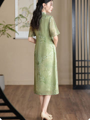 Green Floral A-Line Flutter Sleeve Cheongsam Qipao Dress