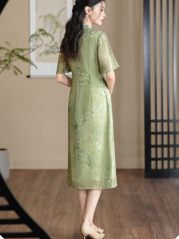 Green Floral A-Line Flutter Sleeve Cheongsam Qipao Dress