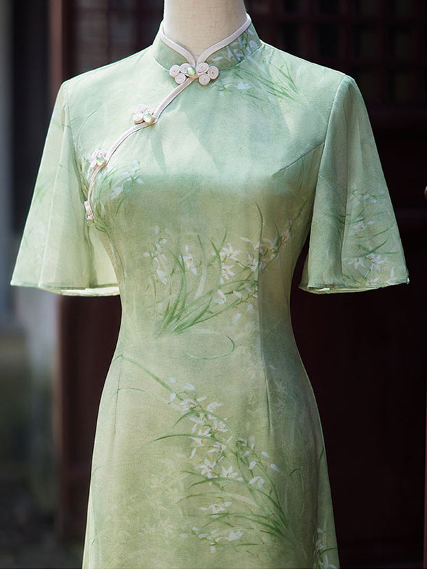 Green Floral A-Line Flutter Sleeve Cheongsam Qipao Dress