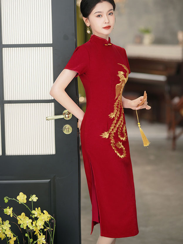 Red Embroidered Phoenix Wedding Cheongsam Qipao Dress