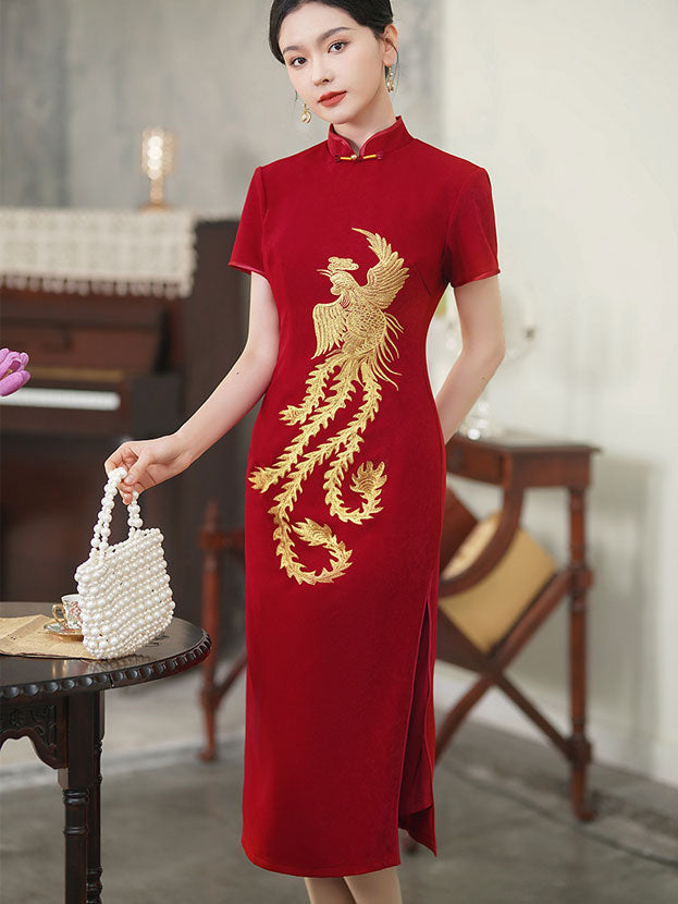 Red Embroidered Phoenix Wedding Cheongsam Qipao Dress
